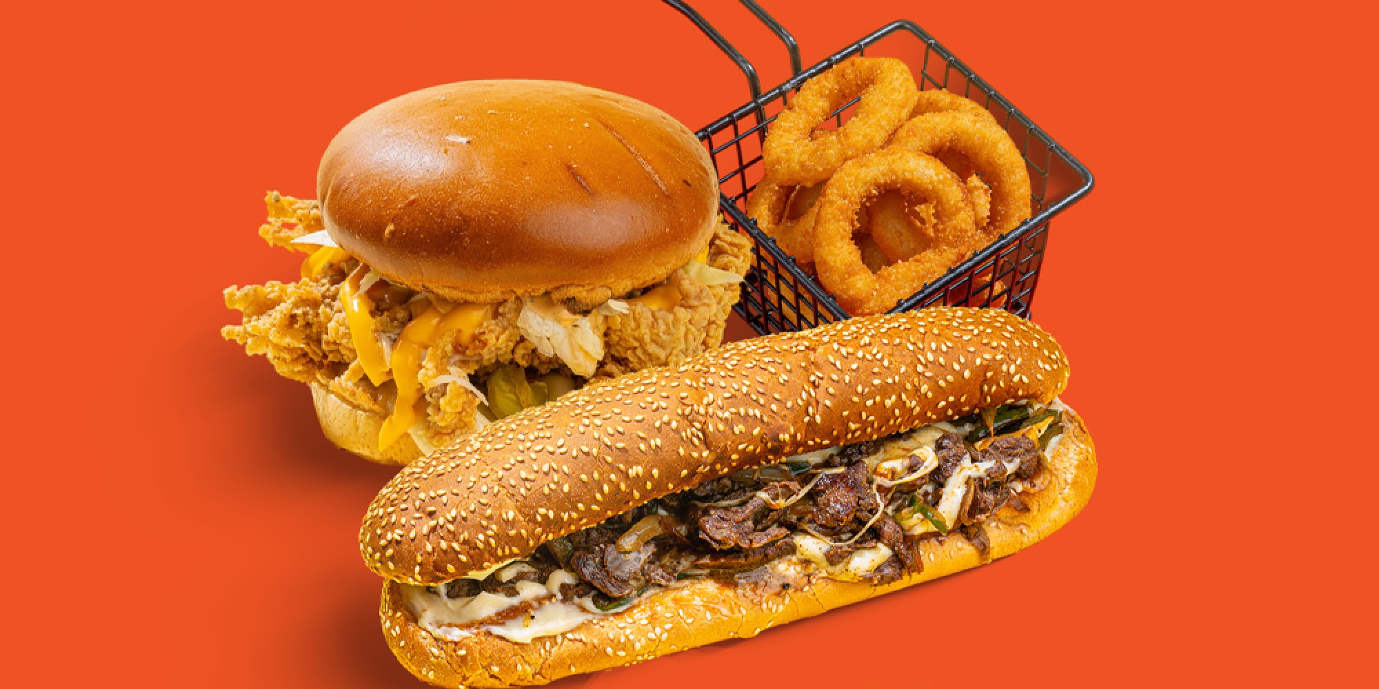 Food Bae zinger burger, Philly steak sub and onion rings